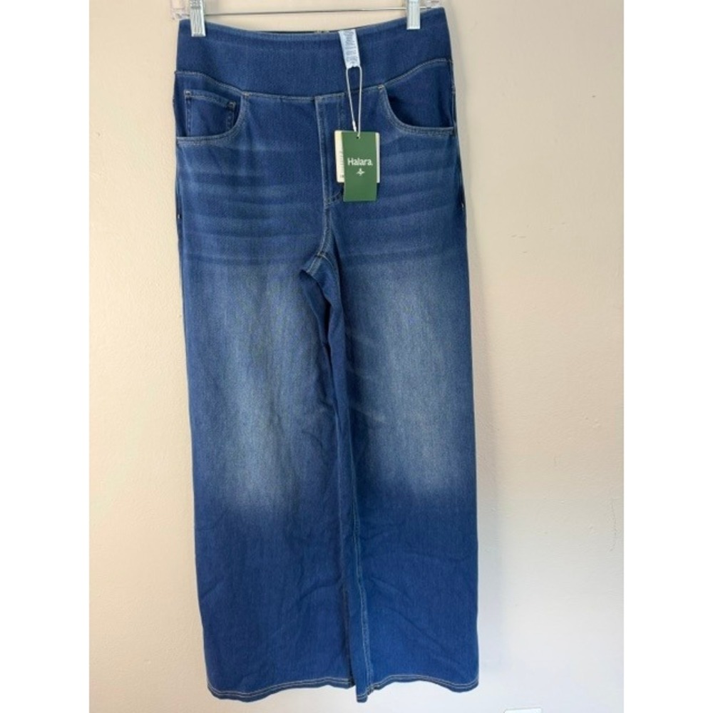 Halara Flex Denim Wide Leg Pull On Pants Blue High Waisted Medium NWT